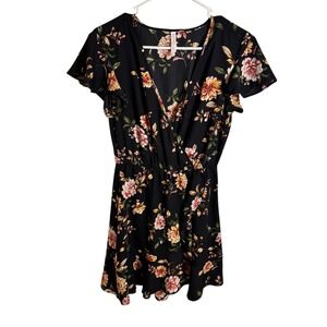 Xhilaration Black Floral Wrap Dress Flutter Sleeve Elastic Waist XS